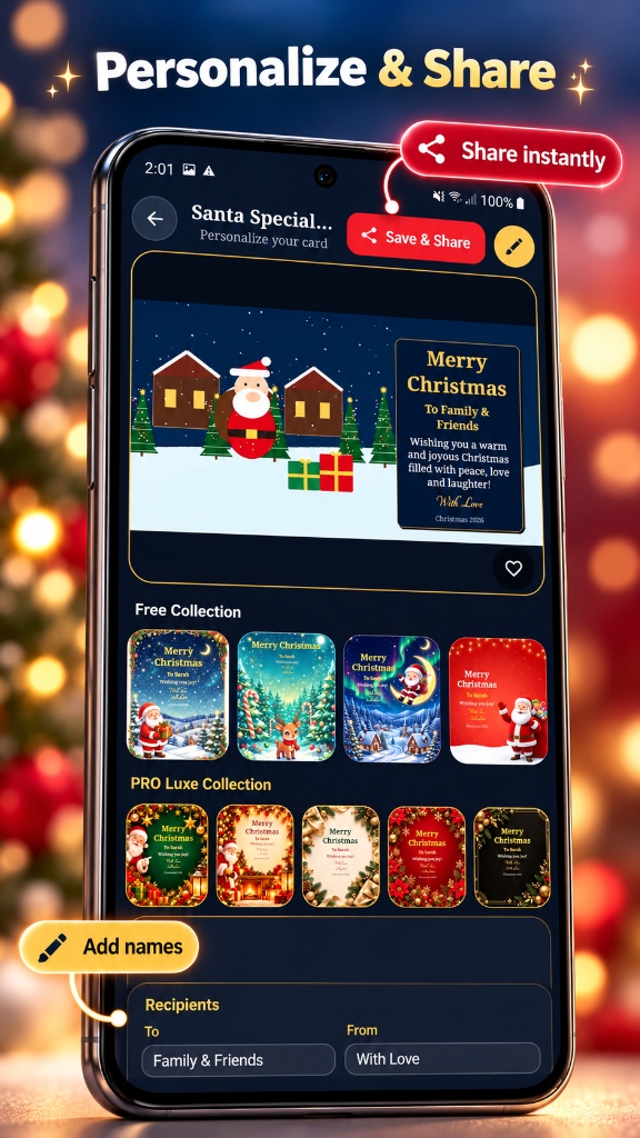 Personalize and Share Holiday Greeting Cards Screen